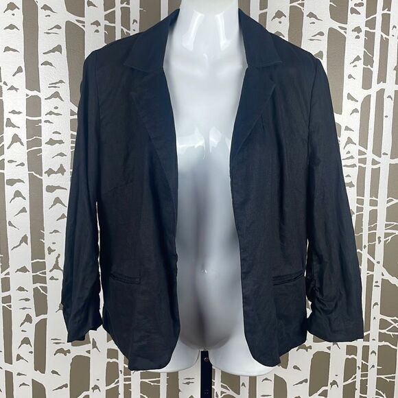 100% Linen Cropped Sleeve Open Front Blazer L Black - Picture 1 of 7